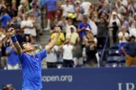 Sep 7, 2016; New York, NY, USA; Kei Nishikori of Japan celebrates after his match against Andy Murray of Great Britain (not pictured) on day ten of the 2016 U.S. Open tennis tournament at USTA Billie Jean King National Tennis Center. Nishikori won 1-6, 6-4, 4-6, 6-1, 7-5. Mandatory Credit: Geoff Burke-USA TODAY Sports