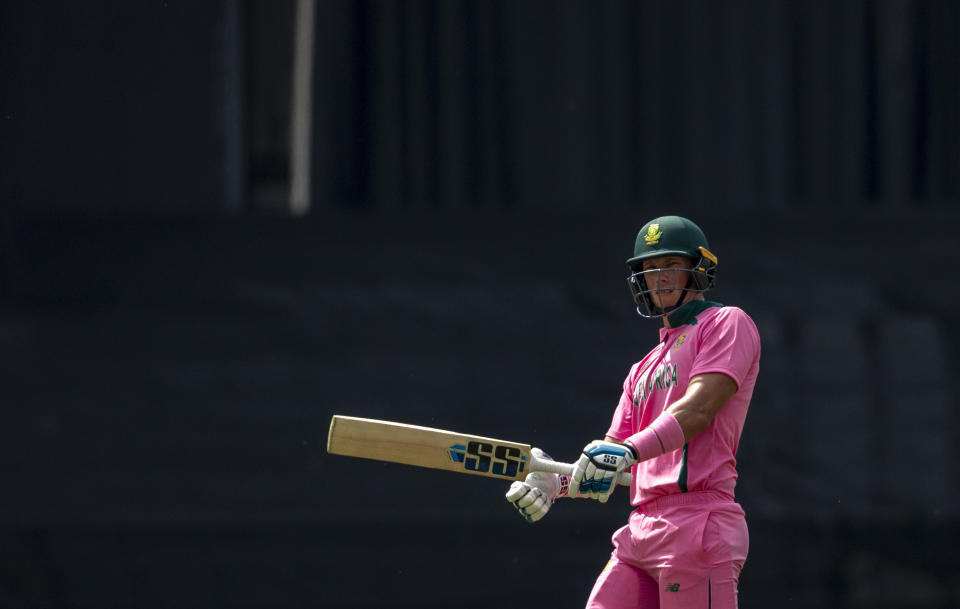 South Africa's batsman Rassie van der Dussen leaves the field after being dismissed by Pakistan's bowler Mohammad Hasnain for 60 runs during the second One Day International cricket match between South Africa and Pakistan at the Wanderers stadium in Johannesburg, South Africa, Sunday, April 4, 2021. (AP Photo/Themba Hadebe)