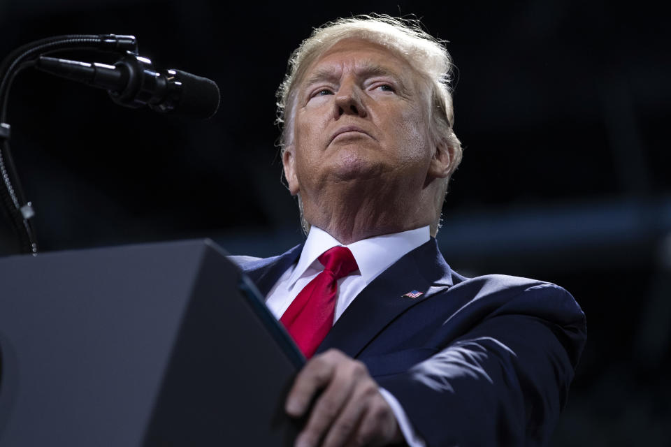 President Donald Trump speaks during a campaign rally at Kellogg Arena, Wednesday, Dec. 18, 2019, in Battle Creek, Mich. (AP Photo/ Evan Vucci)