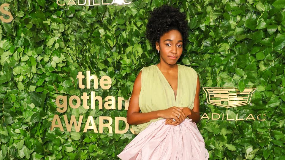 A draped couture number by Giambattista Valli, for the 2022 Gotham Awards on November 28, 2022. Note another appearance of the train too. - Mike Coppola/Getty Images