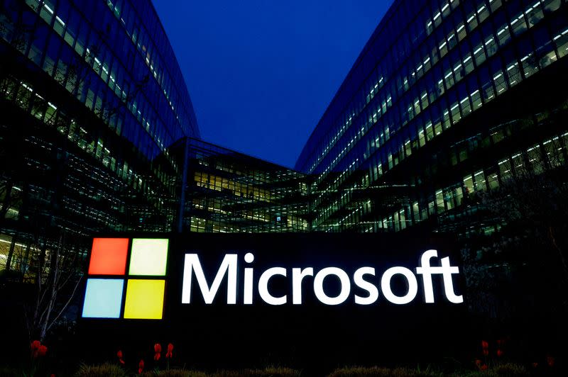 FILE PHOTO: A Microsoft logo is seen in Issy-les-Moulineaux near Paris