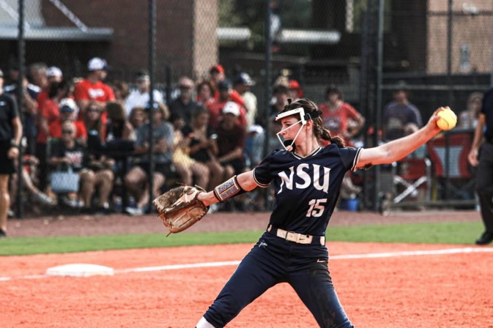 Alyssa Drogemuller has thrown every pitch in the postseason while also serving as NSU’s two-hole hitter, guiding the Sharks to the Division-II national championships.