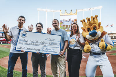 KANSAS CITY, MO - September 18: Royals Foundation and Sun Life present check to Boys and Girls Clubs of Greater Kansas City during game between the Kansas City Royals and the Detroit Tigers Wednesday, September 18 2024, in Kansas City, MO (Photo by Amy Kontras/ Kansas City Royals)