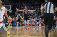 Princeton guard Matt Allocco (14) celebrates following the team's victory over Arizona in a first-round college basketball game in the men's NCAA Tournament in Sacramento, Calif., Thursday, March 16, 2023. Princeton won 59-55. (AP Photo/José Luis Villegas)