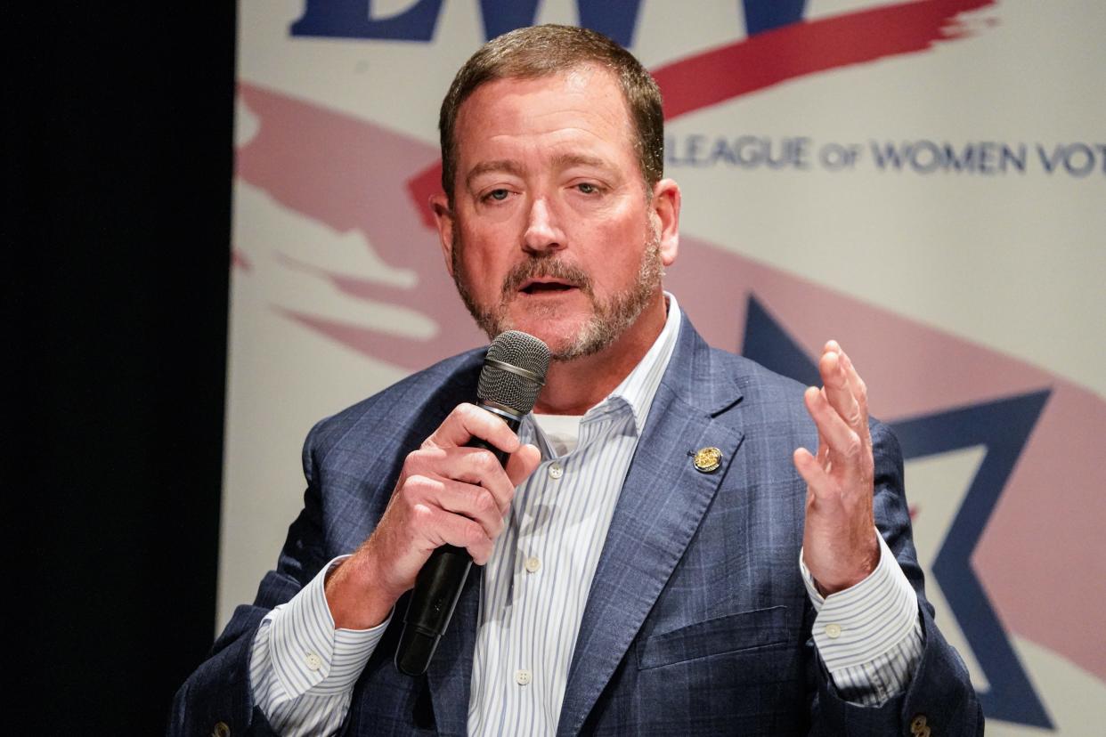 Chuck Goodrich speaks during a League of Women Voters forum on Thursday, April 4, 2024, at Anderson High School Auditorium in Anderson Ind. The forum included Republican and Democratic candidates running for the 5th Congressional District.