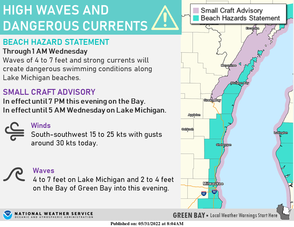 High waves and strong currents will make for dangerous swimming conditions on Lake Michigan on Tuesday.