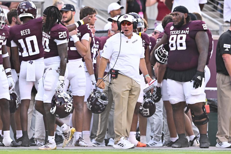 Sep 2, 2023; College Station, Texas; Texas A&M Aggies head coach Jimbo Fisher looks on during the first quarteragainst the New Mexico Lobos at Kyle Field. Maria Lysaker-USA TODAY Sports