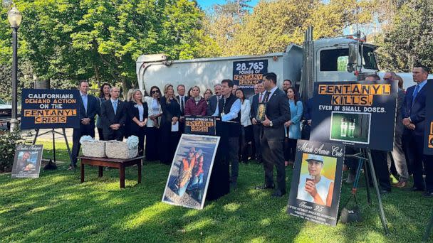 PHOTO: Matt Capelouto, whose daughter died from a fentanyl overdose, speaks at a news conference outside the Capitol in Sacramento, Calif., April 18, 2023. (Tran Nguyen/AP)