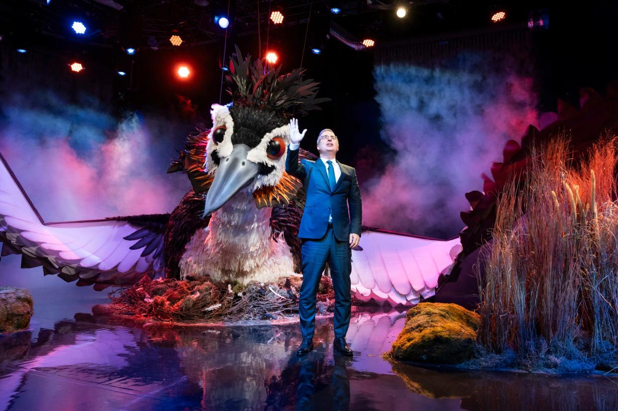 John Oliver with a giant puppet of the pūteketeke bird on the Nov. 5, 2023 episode of HBO's "Last Week Tonight" show.