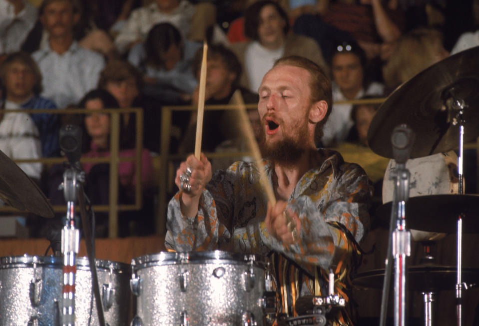 British musician Ginger Baker plays the drums during a performance by his band Blind Faith at the Los Angeles Forum, Los Angeles, California, August 1969. (Photo by John Olson/The LIFE Picture Collection via Getty Images)