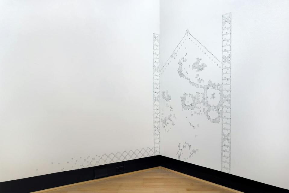 ‘and when you change the landscape, is it with bare hands or with gloves? (lichen, woodwork, grate),’ 2023. Graphite drawing of selbu mitten knitting chart. 99 x 67 linear inches as installed. Sarah Nance