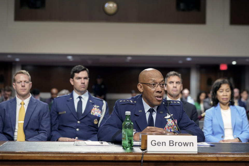 Air Force Gen. CQ Brown, center, testifies during a Senate Armed Services Committee hearing to consider his nomination to be Chairman of the Joint Chiefs of Staff, Tuesday, July 11, 2023, on Capitol Hill in Washington. (AP Photo/Mariam Zuhaib)