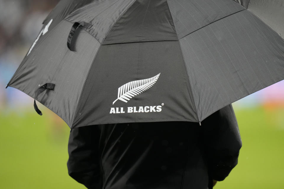 New Zealand's head coach Ian Foster watche the warm up of his team prior the start of the Rugby World Cup semifinal match between Argentina and New Zealand at the Stade de France in Saint-Denis, outside Paris, Friday, 20, 2023. (AP Photo/Pavel Golovkin)