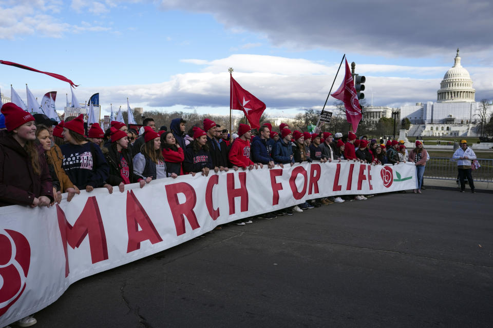 With the U.S. Capitol in the background, anti-abortion demonstrators march toward the U.S. Supreme Court during the March for Life, Friday, Jan. 20, 2023, in Washington. (AP Photo/Alex Brandon)