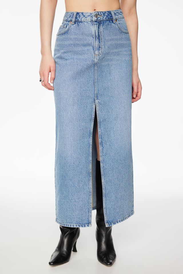 denim light wash maxi skirt with center slit