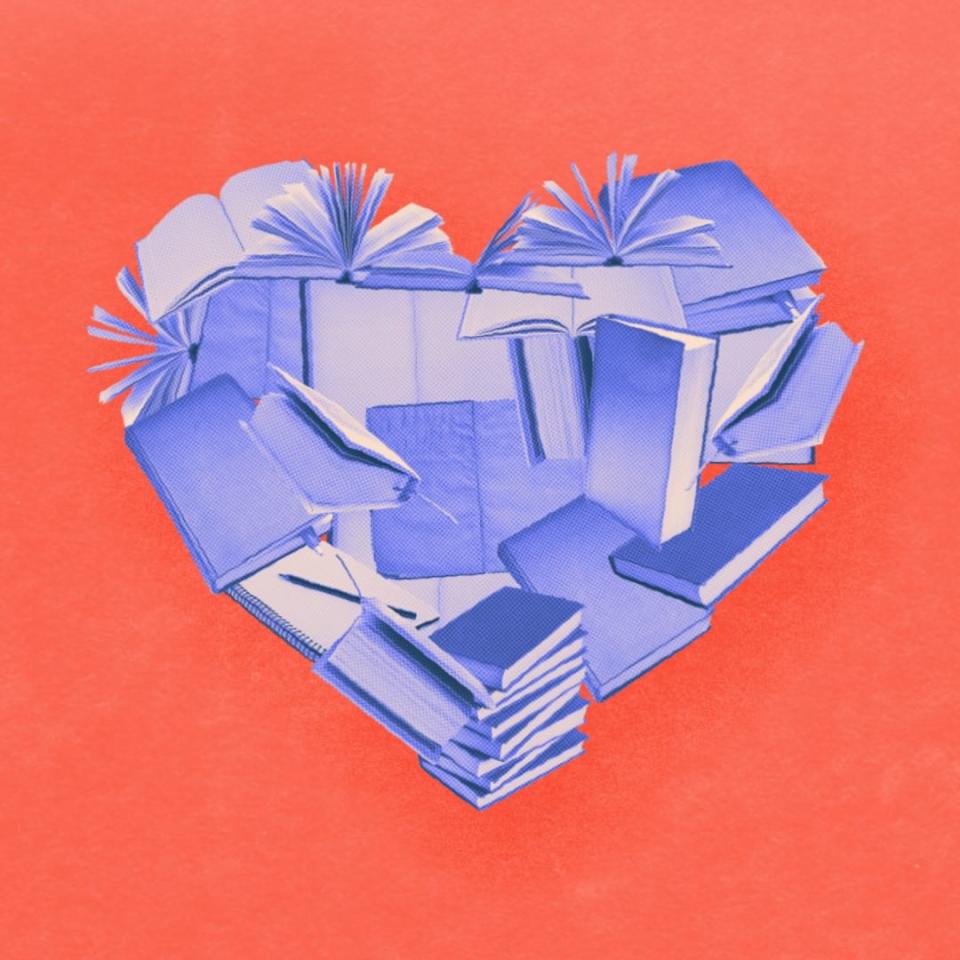 gif of a heart made of open and closed books swaying over a red background