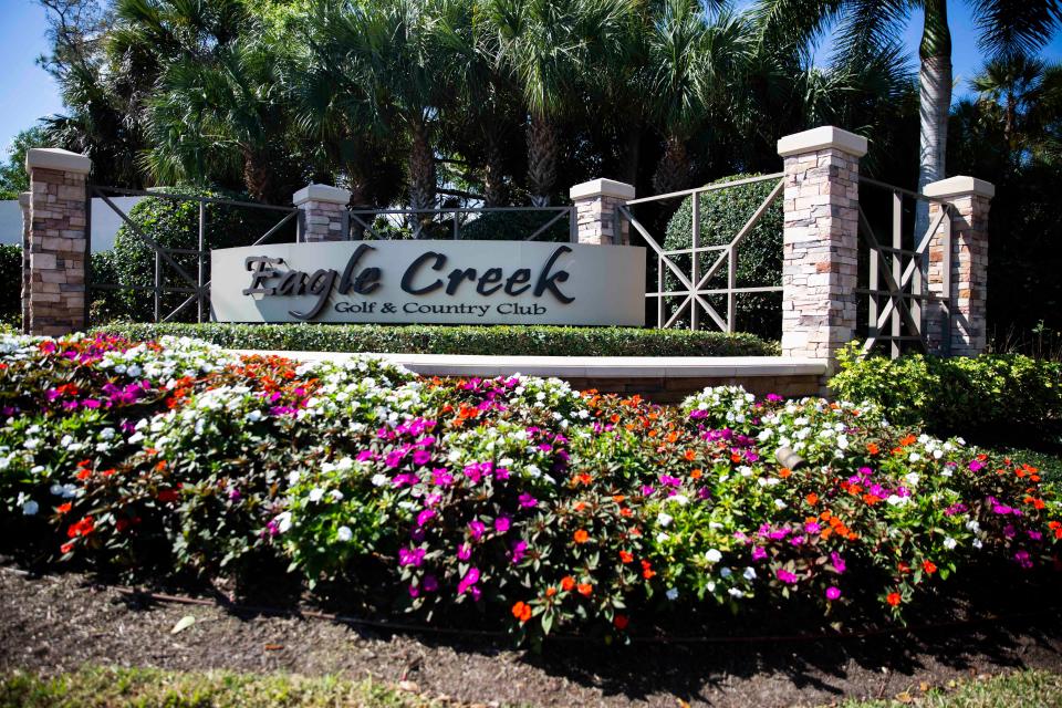 The front entrance of Eagle Creek Golf & Country Club on Thursday, March 3, 2022, in Naples, Florida. American Property Management Services allegedly took more than $200,000 without permission from Eagle Creek and then tried to repay it using other clients’ money.