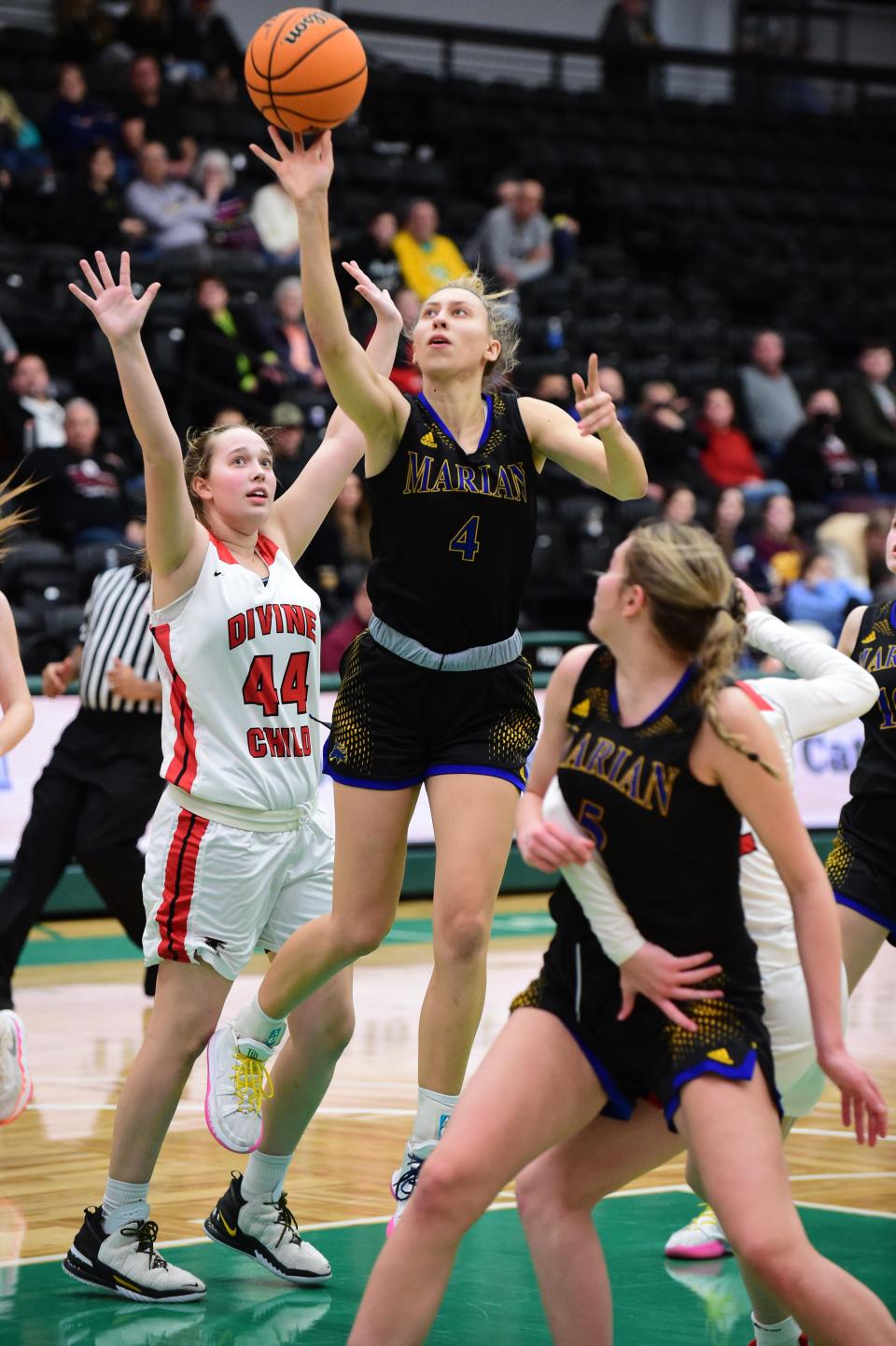 Bloomfield Hills Marian's Sarah Sylvester shoots during the Catholic League girls basketball tournament championship on Saturday, Feb. 19, 2022, at Wayne State University.