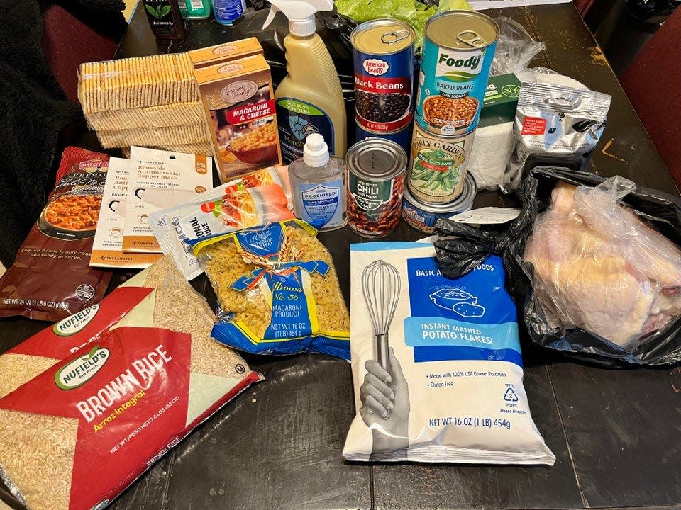 The care package sent to Dariel Hernandez included chicken, canned goods, rice and macaroni and cheese, as well as fresh fruits and vegetables, not shown here.