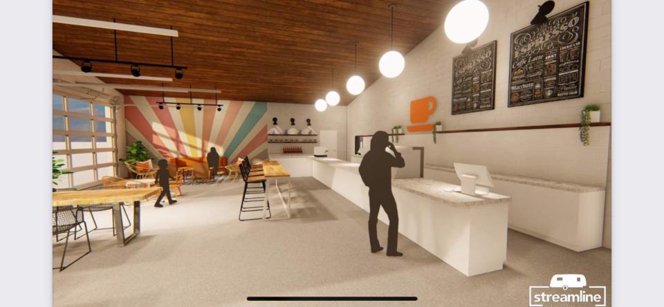 A rendering of the interior of the future Orange Cup SideHustle, 2701 E. Main St. in Galesburg. The mid-century former Shell gas station has vaulted ceilings and large beams.