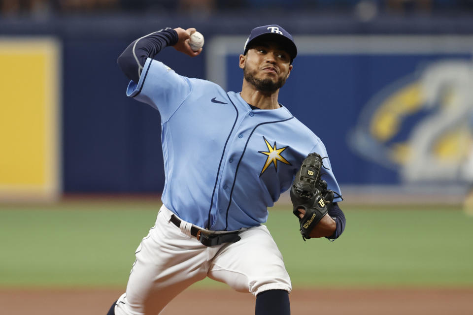 Tampa Bay Rays starting pitcher Taj Bradley throws to a Baltimore Orioles batter during the first inning of a baseball game, Sunday, July 23, 2023, in St. Petersburg, Fla. (AP Photo/Scott Audette)