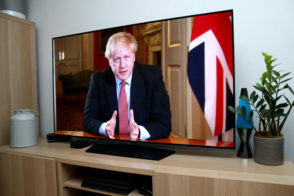 AYLESBURY - ENGLAND,  - MARCH 23: Prime Minister Boris Johnson is seen in a televised address to the Nation announcing new restrictions requiring the general public to stay at home for at least 3 weeks on March 23, 2020 in Aylesbury, Buckinghamshire, . Coronavirus (COVID-19) pandemic has spread to at least 182 countries, claiming over 10,000 lives and infecting hundreds of thousands more. (Photo by Marc Atkins/Getty Images)