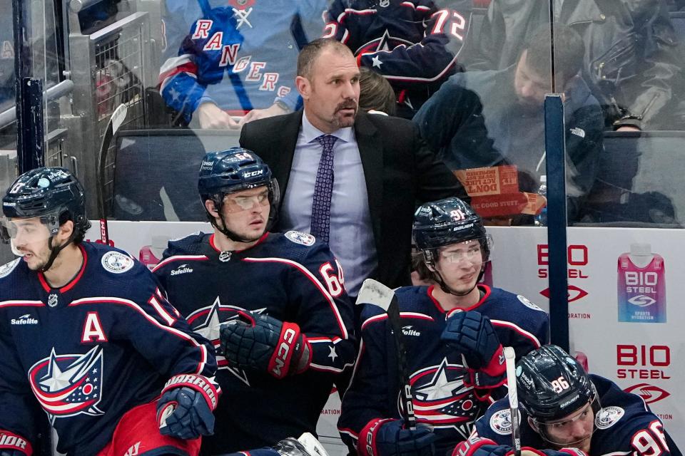 Columbus Blue Jackets head coach Brad Larsen watches from the bench during the second period of the NHL hockey game against the New York Rangers at Nationwide Arena on April 8, 2023. 