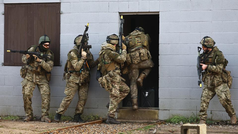 Ukrainian soldiers take part in a training excercise operated by Britain's armed forces as part of the Interflex programme, in eastern England, on February 24, 2024.