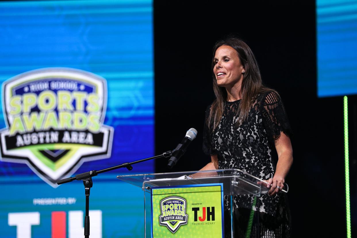 Statesman Vice President of Sales Andrea Vick gives opening remarks at the 2022 Austin Area High School Sports Awards in the Long Center on June 6, 2022.