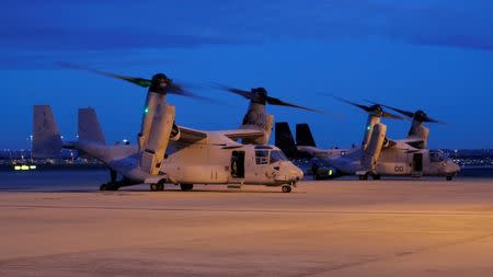 Two U.S. Marines MV-22 Osprey Aircraft sit on the apron of Sydney International Airport in Australia, June 29, 2017. Picture taken June 29, 2017. REUTERS/Jason Reed