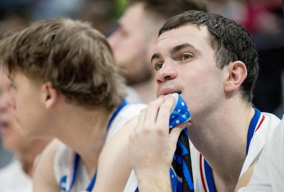 Kansas Jayhawks guard Nicolas Timberlake (25) sits on the bench in the final minutes during a men’s college basketball game against the Gonzaga Bulldogs in the second round of the NCAA Tournament on Saturday, March 23, 2024, in Salt Lake City, Utah.