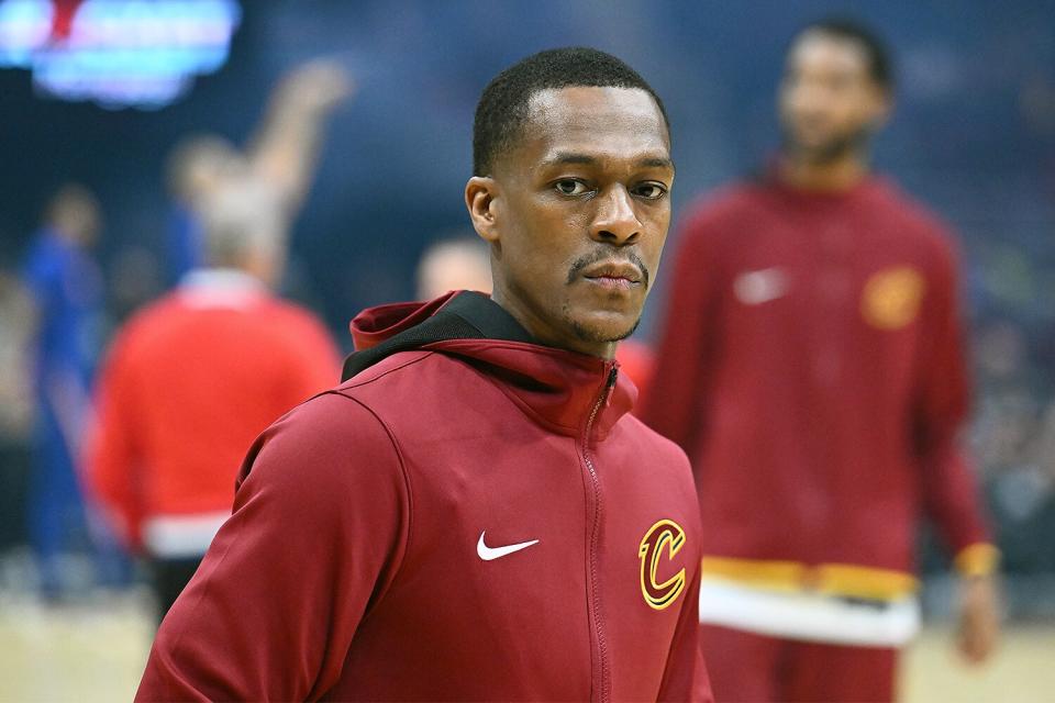 Rajon Rondo #1 of the Cleveland Cavaliers warms up prior to the game against the New York Knicks at Rocket Mortgage Fieldhouse on January 24, 2022 in Cleveland, Ohio.