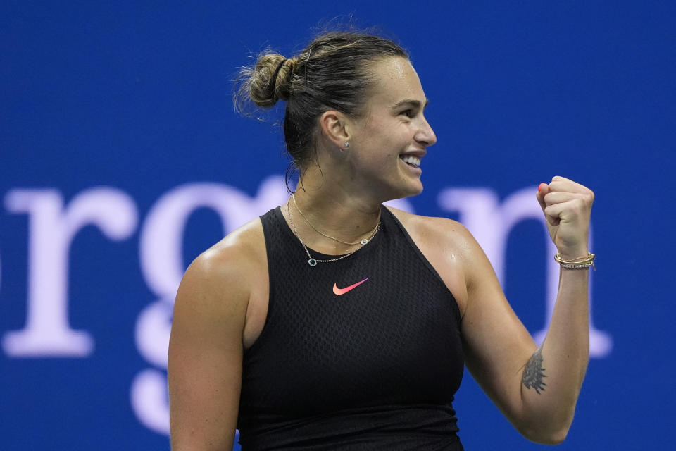 Tennis - U.S. Open - Flushing Meadows, New York, United States - August 30, 2024 Aryna Sabalenka from Belarus celebrates her third round match win against  Ekaterina Alexandrova of Russia. REUTERS/Eduardo Munoz