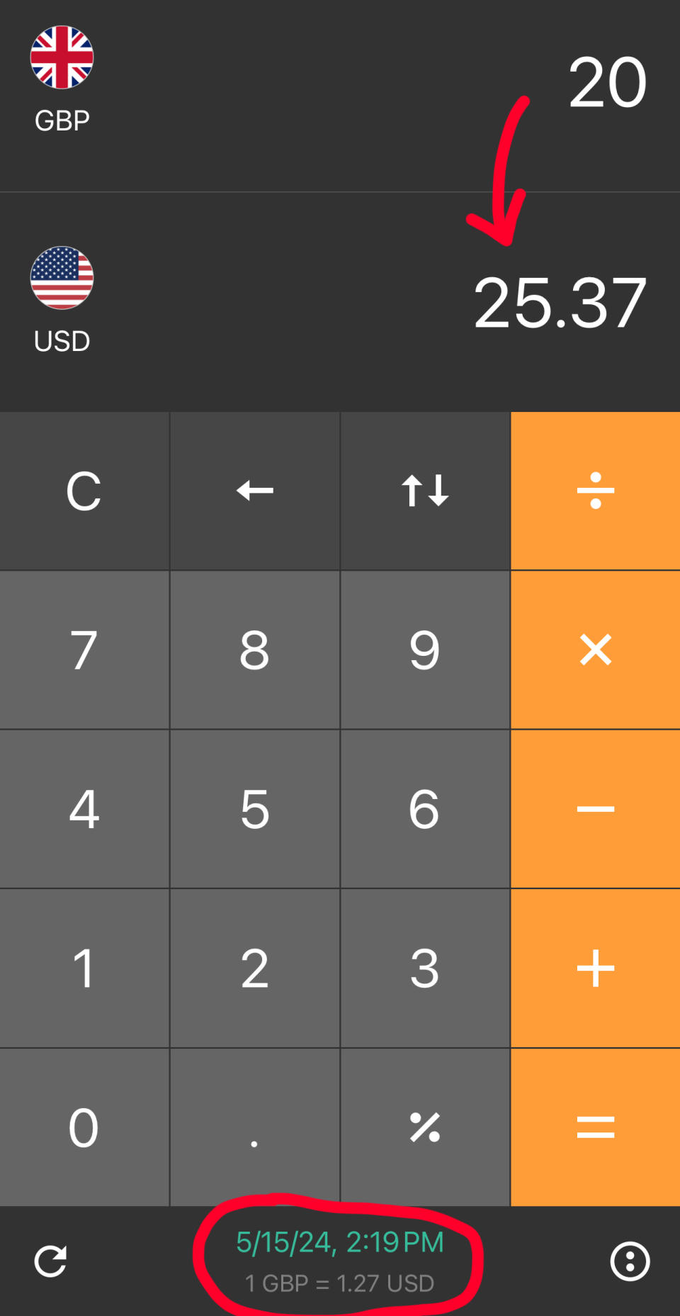 Currency conversion app showing 1 GBP equals 1.27 USD