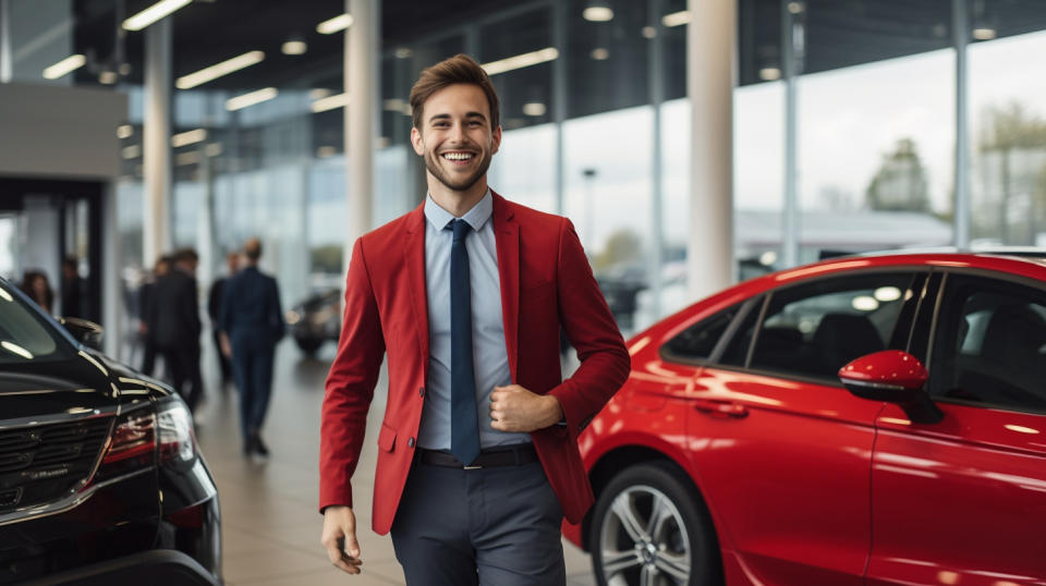 A customer smiling delightedly after driving away in their new car from the automotive retail shop. 