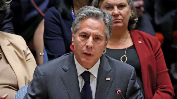 PHOTO: Secretary of State Antony Blinken speaks during a high level meeting of the United Nations Security Council on the situation amid Russia's invasion of Ukraine, at the 77th Session of the United Nations General Assembly in New York, Sept. 22, 2022.  (Brendan Mcdermid/Reuters)