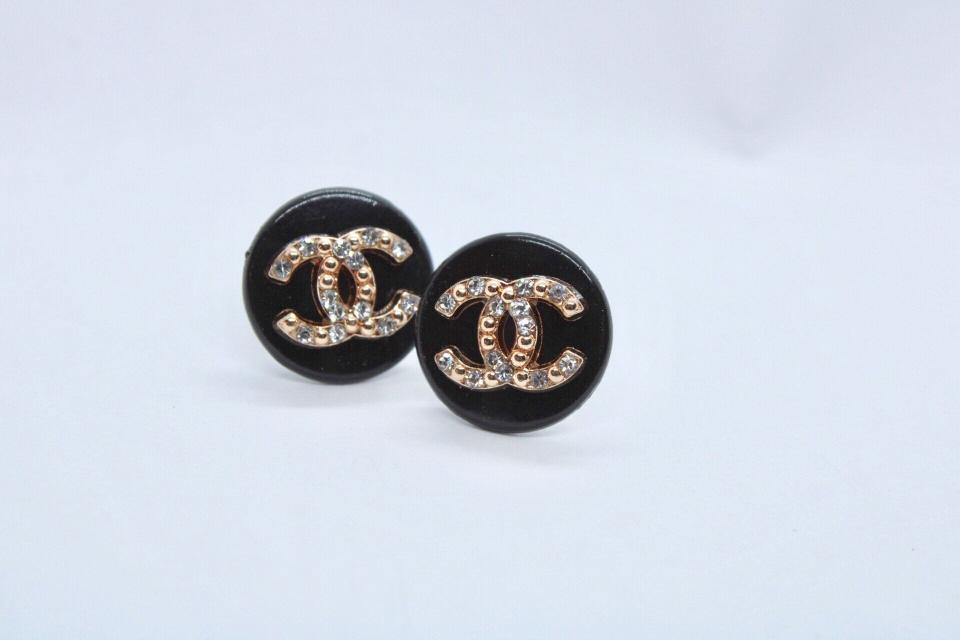 Black Stone CC Button Earrings