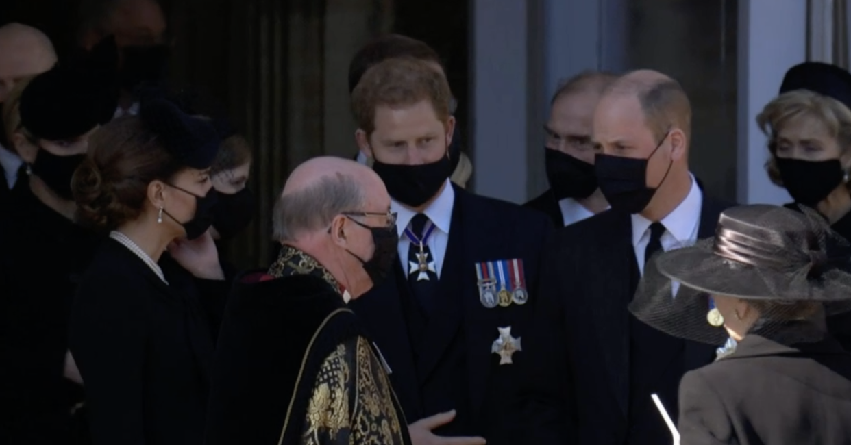 Harry, William and Kate were spotted talking after the service. (BBC)