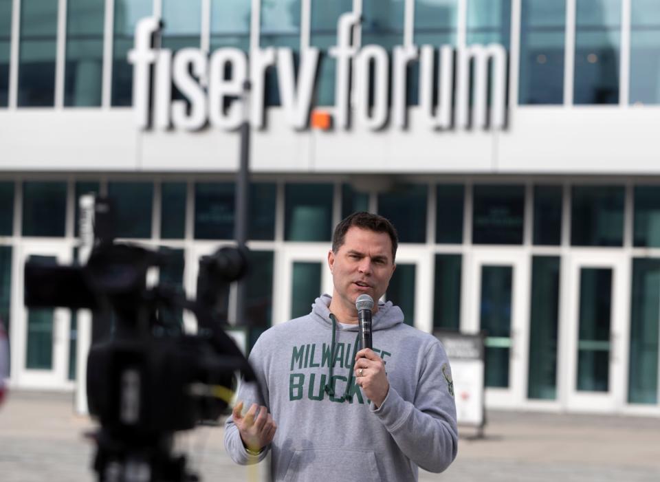 Michael Belot, senior vice president of Bucks Ventures and Development talks about the impact of the NCAA men's basketball regional game during a news conference outside Fiserv Forum Monday, March 14, 2022 in Milwaukee, Wis.