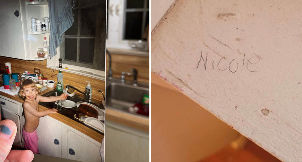 A photo of Nicole as a child washing her hands in the kitchen sink. A photo of Nicole's name still written on the window ledge.