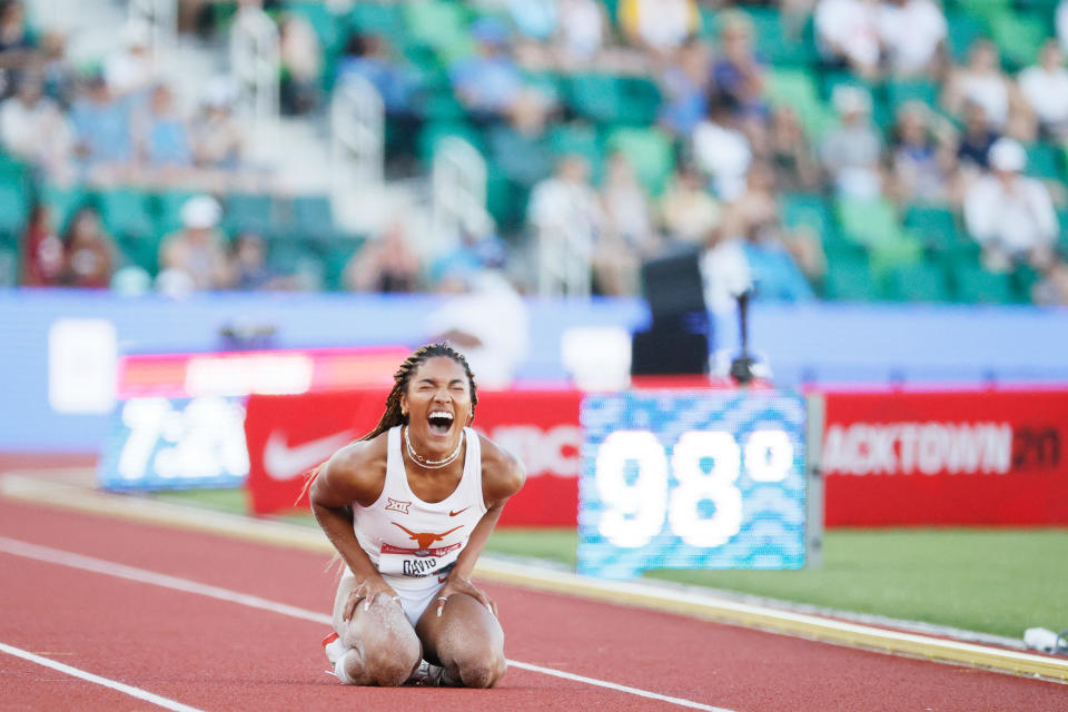 Tara Davis celebrates as she competes in the Women's Long Jump Final on day 9 of the 2020 U.S. Olympic Track & Field Team Trials at Hayward Field on June 26, 2021 in Eugene, Oregon. / Credit: Steph Chambers/Getty Images