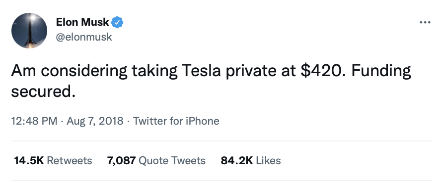 Tweet du 7 août 2018 d'Elon Musk