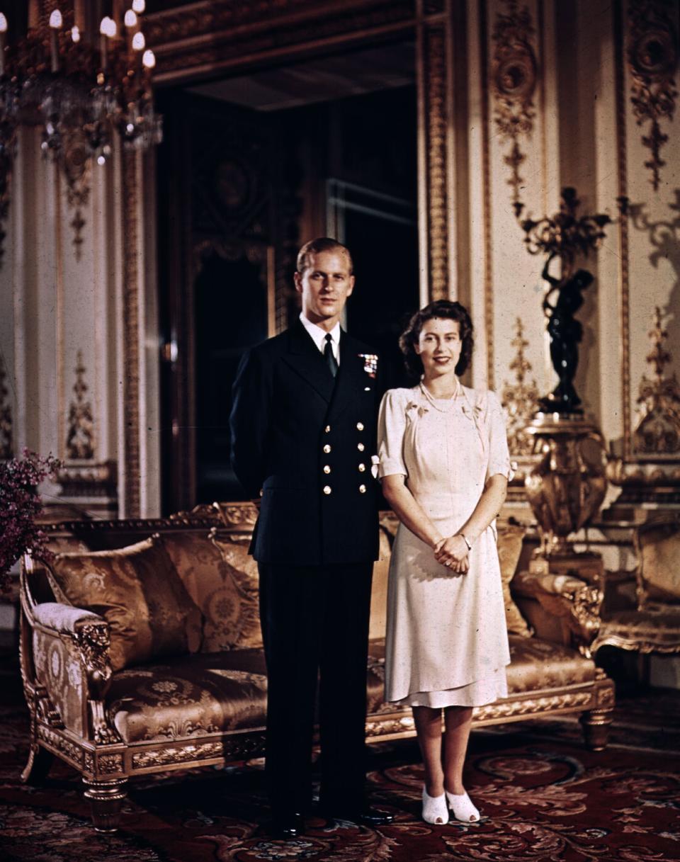 1947: Princess Elizabeth and Prince Philip, Duke of Edinburgh at Buckingham Palace shortly before their wedding. (Photo by Hulton Archive/Getty Images)