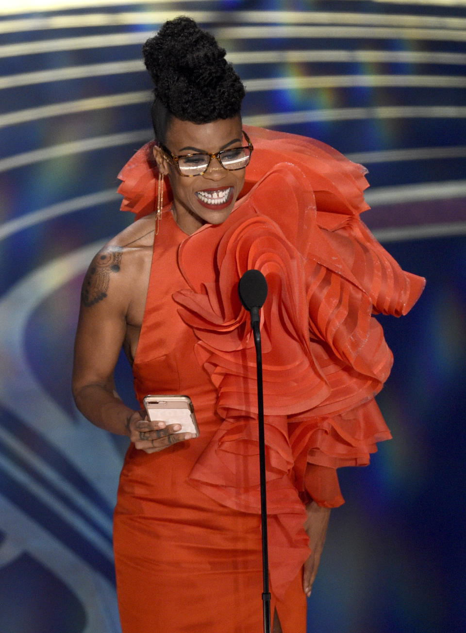 Hannah Beachler accepts the award for best production design for "Black Panther" at the Oscars on Sunday, Feb. 24, 2019, at the Dolby Theatre in Los Angeles. (Photo by Chris Pizzello/Invision/AP)