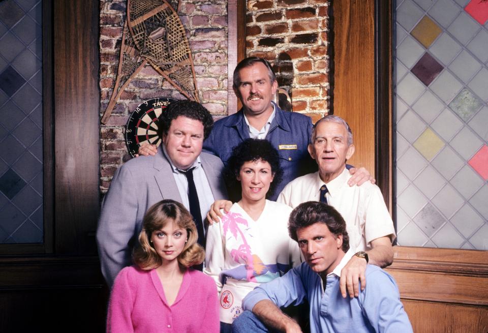 <h1 class="title">CHEERS, George Wendt, Shelley Long, John Ratzenberger, Rhea Perlman, Nicholas Colasanto, Ted Danson,</h1><cite class="credit">Photo: Courtesy of Everett Collection</cite>