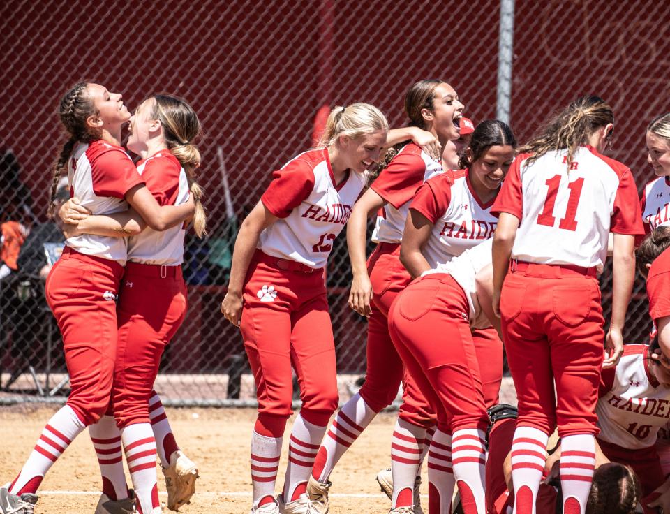 North Rockland celebrates defeating White Plains 3-2 in the Section 1 Class AA softball championship at North Rockland High School May 27, 2023. 
