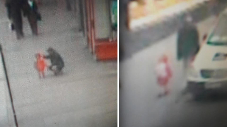 The man can be seen bending down and talking to the child before they walk off down the road together. Images: Sussex Police