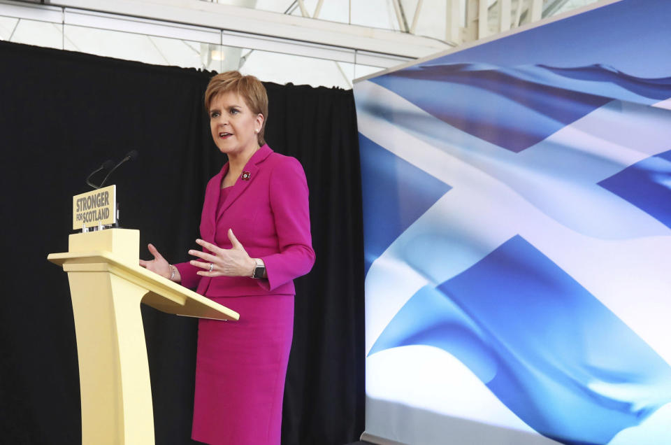 Scottish National Party (SNP) leader Nicola Sturgeon speaks at the launch of the party's General Election campaign, in Edinburgh, Scotland, Friday Nov. 8, 2019. The Scottish National Party is officially launching its campaign for Britain’s upcoming Dec. 12 election, with the SNP hoping to put Scotland a step closer to independence. (Andrew Milligan/PA via AP)