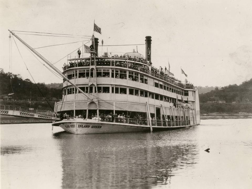 The steamboat Island Queen ferried passengers from the Public Landing to Coney Island. The second Island Queen, pictured, operated from 1925 until it burned in 1947.