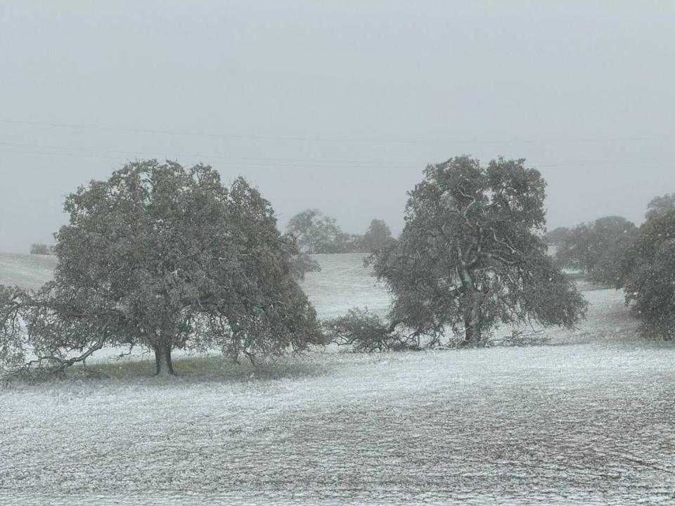 Highway 58 near the San Luis Obispo and Kern county line saw a light dusting of snow on Saturday, April 13, 2024.